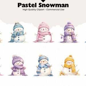 Op de afbeelding: Waterverfillustratie van tien pastelkleurige sneeuwmannen met hoeden en sjaals. De sneeuwmannen hebben takkenarmen en staan tegen een witte achtergrond. De tekst "Pastel Snowman" en "High Quality Clipart - Commercial Use" staat bovenaan.