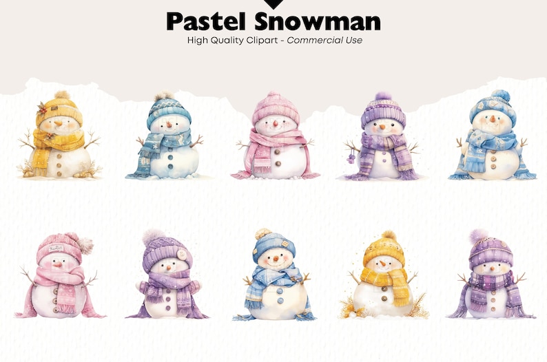 Op de afbeelding: Waterverfillustratie van tien pastelkleurige sneeuwmannen met hoeden en sjaals. De sneeuwmannen hebben takkenarmen en staan tegen een witte achtergrond. De tekst "Pastel Snowman" en "High Quality Clipart - Commercial Use" staat bovenaan.