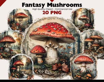 Fantasy Mushroom Clipart Bundle, Fantasy Fly Agaric Watercolor Illustrations, Fairytale Printable, Whimsical Mushroom PNG Digital Download