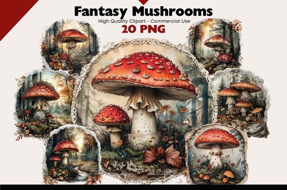 Fantasy Mushroom Clipart Bundle, Fantasy Fly Agaric Watercolor Illustrations, Fairytale Printable, Whimsical Mushroom PNG Digital Download