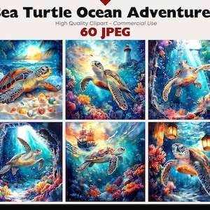 Puede incluir: Una colecci&oacute;n de vibrantes impresiones de arte digital que representan tortugas marinas en diversas escenas oce&aacute;nicas. La obra de arte muestra tortugas nadando cerca de arrecifes de coral, un faro y un barco. El texto en la parte superior dice "Sea Turtle Ocean Adventures" y "60 JPEG".