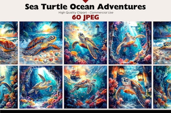 Sea Turtle Clipart JPEG Bundle, Underwater Ocean Art, Tropical Marine Scenes, Nautical Illustration, Instant Download