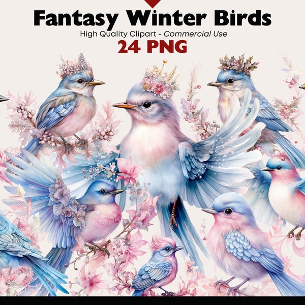 Fantasy Winter Birds Clipart Bundle, PNG, Watercolor Whimsical Bird Illustrations, Holiday PNG Invitation Graphics