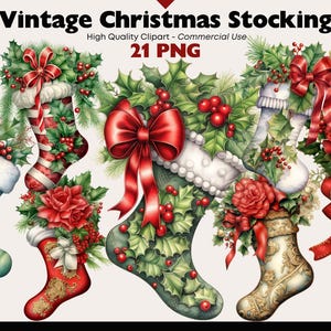 Pode incluir: Cinco meias de Natal vintage com designs diferentes. Cada meia é decorada com azevinho, bagas e um laço vermelho. As meias são em vários tons de verde, vermelho e dourado.