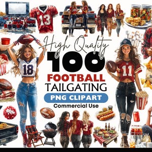 Può includere: Illustrazione ad acquerello con scene di tailgating di football americano. Include immagini di persone, cibo, palloni da football e un camioncino con una griglia. Il testo recita "High Quality 100 Football Tailgating PNG Clipart Commercial Use."