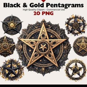 May include: A set of 20 black and gold pentagram clip art images. The pentagrams are ornate and detailed, with intricate designs and patterns. The images are perfect for use in digital and print projects.