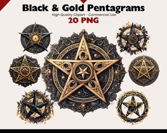 Black And Gold Pentagram Clipart Bundle, Pentacle PNG, Pegan Watercolor, Mystical Witches Pentad Symbol, Magical Paper Crafts, Scrapbook
