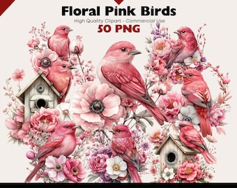 Floral Pink Birds Clipart Bundle, 50 PNG Songbirds with Flowers and Birdhouses, Romantic Bird PNG for Spring Wedding Crafts & Cards