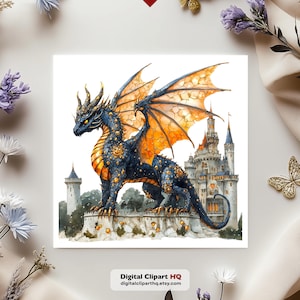 May include: Watercolor illustration of a blue and gold dragon with orange wings perched on a stone wall. A castle is in the background. The image has the text "Digital Clipart HQ digitalcliparthq.etsy.com".