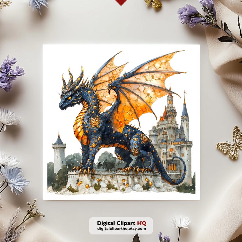May include: Watercolor illustration of a blue and gold dragon with orange wings perched on a stone wall. A castle is in the background. The image has the text "Digital Clipart HQ digitalcliparthq.etsy.com".
