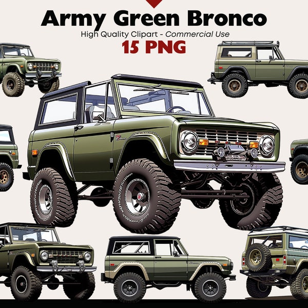 Army Green Ford Bronco Truck Clipart Bundle, Vintage Car PNG, Khaki Vehicle Watercolor, American Automobile, Pickup Truck, Car Graphics