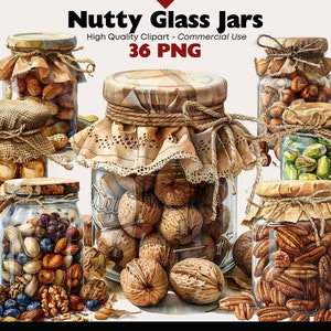 Pacchetto di clipart di noci miste, acquerello di barattoli di vetro, snack salutari stampabili, download digitale di mandorle, PNG di pistacchi, lavoretti di carta, album di ritagli