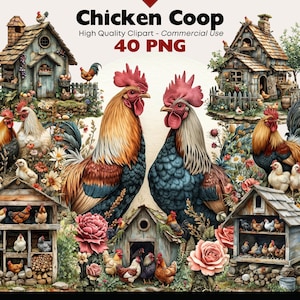 Bundle de cliparts poulailler, aquarelle de poulet printanier, ferme de poulets imprimable, téléchargement numérique de coq, animaux de la ferme PNG, PNG occidental