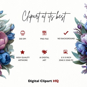 K&ouml;nnte beinhalten: Ein digitales Clipart-Bild eines Blumenkranzes mit rosa und blauen Blumen. Das Bild ist 8 Zoll mal 8 Zoll gro&szlig; und hat eine Aufl&ouml;sung von 2048 x 2048 Pixel. Das Bild ist 300 DPI und eine hochwertige PNG-Datei ohne Hintergrund.