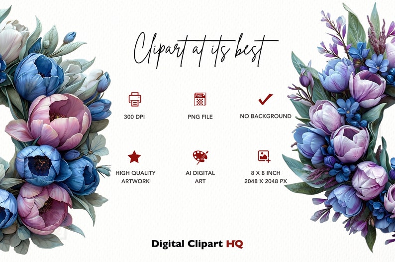 K&ouml;nnte beinhalten: Ein digitales Clipart-Bild eines Blumenkranzes mit rosa und blauen Blumen. Das Bild ist 8 Zoll mal 8 Zoll gro&szlig; und hat eine Aufl&ouml;sung von 2048 x 2048 Pixel. Das Bild ist 300 DPI und eine hochwertige PNG-Datei ohne Hintergrund.