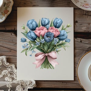 May include: A bouquet of blue and pink tulips tied with a pink ribbon. The bouquet is on a white background.