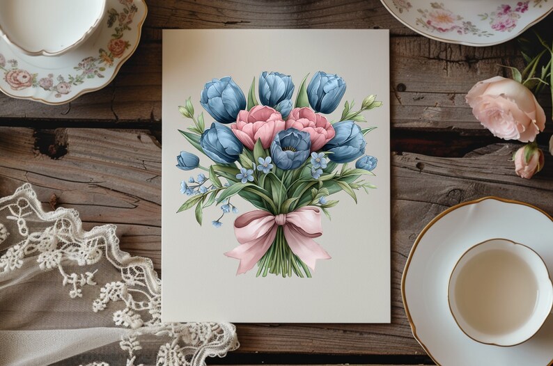 May include: A bouquet of blue and pink tulips tied with a pink ribbon. The bouquet is on a white background.