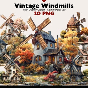 May include: A collection of 20 vintage windmills, each with a unique design and color scheme. The windmills are set against a backdrop of autumn foliage, creating a picturesque scene.  The windmills are perfect for adding a touch of whimsy and charm to any project.
