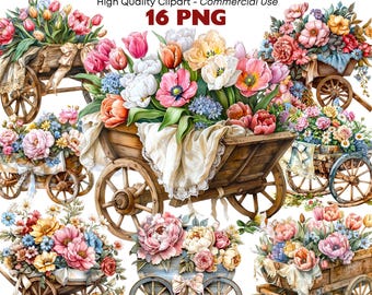 Floral Wheelbarrow Clipart, Garden Spring Flowers Watercolor, Gardening PNG, Rustic Farmhouse Flowers Png, Junk Journal, Digital Download