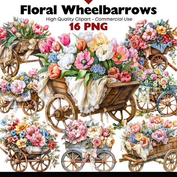 Floral Wheelbarrow Clipart, Garden Spring Flowers Watercolor, Gardening PNG, Rustic Farmhouse Flowers Png, Junk Journal, Digital Download