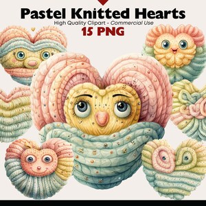 Clipart coeur pastel, coeurs PNG à tricoter, aquarelle amour Smiley, coeur heureux avec des yeux Illustration, coeurs en laine PNG téléchargement numérique