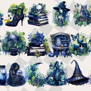 May include: A collection of 12 digital illustrations featuring a witchy theme. The illustrations include a witch, a cauldron, a skull, a book, a crystal ball, a bottle, a hat, a jar, a candle, a house, a butterfly, and a spider. The illustrations are all in a blue and green color scheme.