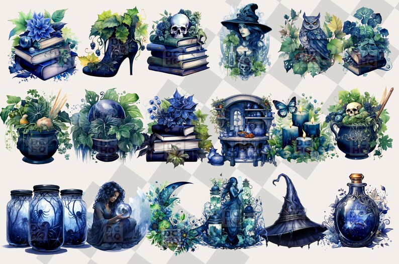 May include: A collection of 12 digital illustrations featuring a witchy theme. The illustrations include a witch, a cauldron, a skull, a book, a crystal ball, a bottle, a hat, a jar, a candle, a house, a butterfly, and a spider. The illustrations are all in a blue and green color scheme.