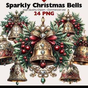 Lot de 24 cloches de Noël Clipart traditionnel hiver en téléchargement numérique Noël festif aquarelle Clipart vacances Noël