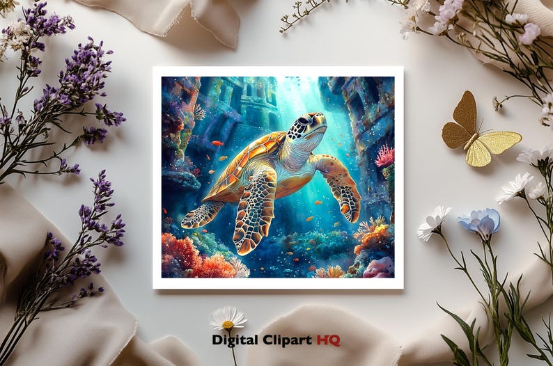 Puede incluir: Impresi&oacute;n art&iacute;stica cuadrada que representa una tortuga marina nadando en un entorno submarino. La obra de arte muestra una tortuga detallada con un caparaz&oacute;n estampado, rodeada de coloridos corales, peces y ruinas antiguas. La imagen tiene un fondo azul.