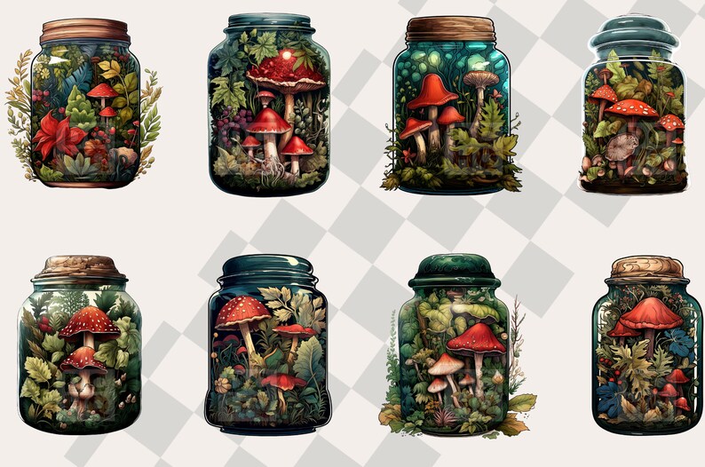 May include: Six glass jars filled with various types of mushrooms, leaves, and other botanical elements. The jars are all different shapes and sizes, and the mushrooms are a variety of colors, including red, white, and brown.
