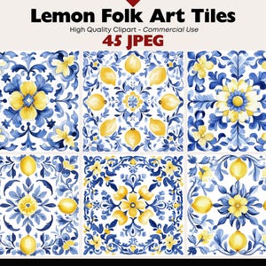 May include: A collection of watercolor folk art tiles featuring a lemon theme. The tiles have a white background with blue floral patterns and yellow lemons. The text "Lemon Folk Art Tiles" is at the top.