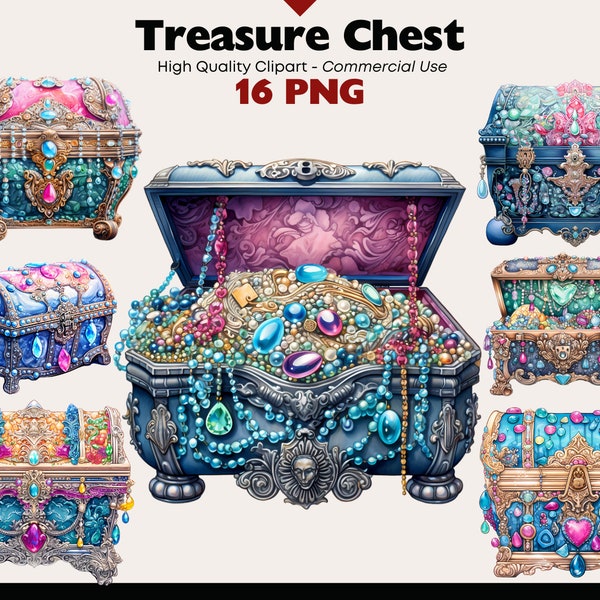 Treasure Chest in Pink and Blue Clipart, Magical Casket PNG, Mermaid Jewlery Box Digital Graphics, Ocean Treasures, Magical Junk Journal