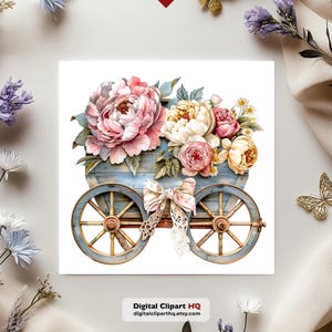 May include: Watercolor illustration of a blue wooden cart filled with pink, cream, and yellow peonies and other flowers. The cart has large spoked wheels and a decorative bow. The text "Digital Clipart HQ digitalcliparthq.etsy.com" is at the bottom.