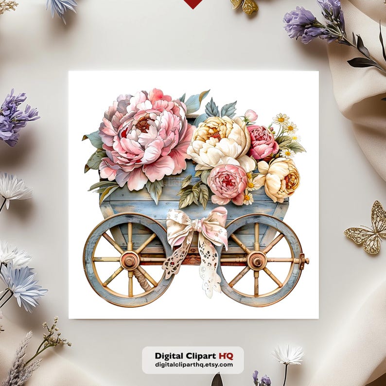 May include: Watercolor illustration of a blue wooden cart filled with pink, cream, and yellow peonies and other flowers. The cart has large spoked wheels and a decorative bow. The text "Digital Clipart HQ digitalcliparthq.etsy.com" is at the bottom.