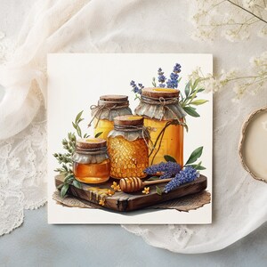 May include: Four glass jars filled with honey, with a wooden honey dipper and lavender sprigs, on a wooden board. The jars are decorated with twine and burlap.
