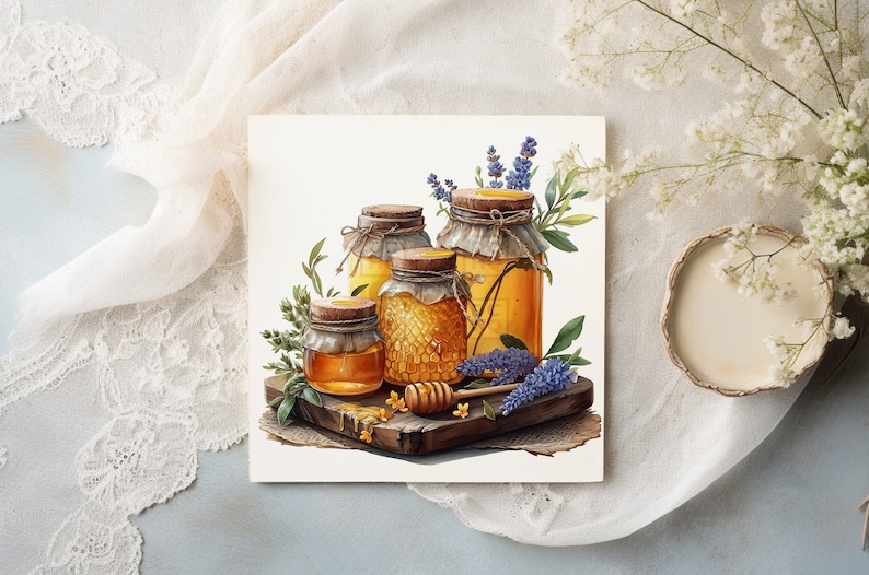 May include: Four glass jars filled with honey, with a wooden honey dipper and lavender sprigs, on a wooden board. The jars are decorated with twine and burlap.