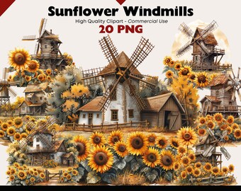 Paquete de imágenes prediseñadas de molino de viento de girasol, paisaje de girasol, acuarela, campo, PNG, descarga digital, manualidades de papel, molino de viento, granja, álbum de recortes