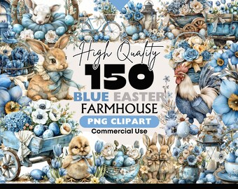 May include: A collection of 150 blue Easter farmhouse PNG clipart images. The images include bunnies, chicks, a rooster, a wagon, a bicycle, flowers, eggs, and more.  The images are perfect for creating digital or printed projects.