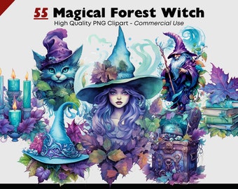 気まぐれな青い魔女のクリップアート バンドル、森の魔女の PNG、水彩クリップアート、魔女の帽子のグラフィック、ペーパー クラフト、スクラップブック、魔女のハロウィーン PNG
