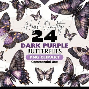 Magische lila Schmetterlinge Clipart Bundle, Fantasy Schmetterling PNG dunkle Gotik Schmetterling Aquarell Printable Digital Download Papiermodelle