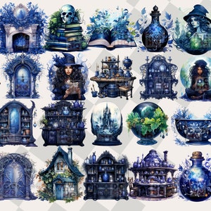 May include: A collection of 24 digital illustrations featuring a blue and white color scheme. The illustrations depict various magical and whimsical objects, including a fireplace, a book, a potion bottle, a witch, a crystal ball, a door, a cabinet, a snow globe, a cauldron, and a house. The illustrations are perfect for use in digital scrapbooking, card making, and other creative projects.