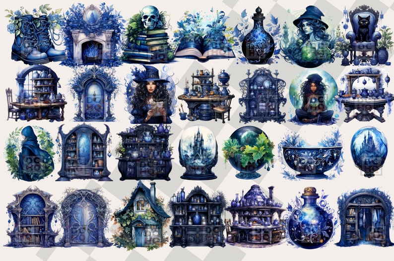 May include: A collection of 24 digital illustrations featuring a blue and white color scheme. The illustrations depict various magical and whimsical objects, including a fireplace, a book, a potion bottle, a witch, a crystal ball, a door, a cabinet, a snow globe, a cauldron, and a house. The illustrations are perfect for use in digital scrapbooking, card making, and other creative projects.