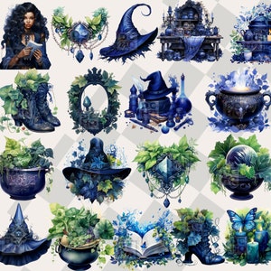 May include: A collection of 20 digital illustrations featuring a witchy theme. The illustrations include a witch's hat, a cauldron, a crystal ball, a book, a skull, a butterfly, a potion bottle, a boot, a mirror, a house, and more. The illustrations are in a blue and green color scheme.