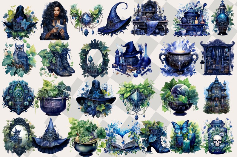May include: A collection of 20 digital illustrations featuring a witchy theme. The illustrations include a witch's hat, a cauldron, a crystal ball, a book, a skull, a butterfly, a potion bottle, a boot, a mirror, a house, and more. The illustrations are in a blue and green color scheme.
