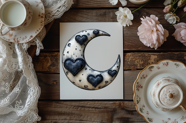 May include: A silver crescent moon with black hearts on a white background. The moon is decorated with a black and white speckled pattern.