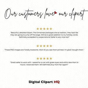 Puede incluir: Una captura de pantalla de rese&ntilde;as de clientes para im&aacute;genes predise&ntilde;adas digitales. Las rese&ntilde;as son positivas e incluyen calificaciones de cinco estrellas. El texto dice "A nuestros clientes les encanta nuestra clipart" e incluye tres rese&ntilde;as de clientes. La primera rese&ntilde;a dice "Hermosa clipart detallada. Los paquetes navide&ntilde;os son tan realistas que parecen saltar de la p&aacute;gina. Ser&aacute;n una gran adici&oacute;n a mis tarjetas navide&ntilde;as. &iexcl;Definitivamente superaron mis expectativas! &iexcl;El vendedor es muy agradable tambi&eacute;n!" La segunda rese&ntilde;a dice "Estas im&aacute;genes PNG son totalmente incre&iacute;bles. Espera a verlas impresas. Me alegro de haberlas comprado." La tercera rese&ntilde;a dice "Gran vendedor con quien trabajar. Ped&iacute; un gato con ojos verdes y en menos de 24 horas, los recib&iacute;. &iexcl;Definitivamente volver&eacute; a comprarle!" La imagen tambi&eacute;n incluye el texto "Digital Clipart HQ".