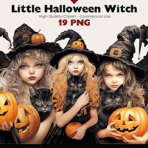 Little Halloween Witch Clipart Bundle, Cat Witch PNG, Cute Witch Watercolor, Witches Graphics, Paper Crafts, Scrapbook, Witchy Halloween PNG