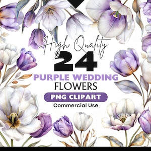 Paarse bruiloftsbloemen png – 24 elegante tulp clipartelementen voor uitnodigingen, scrapbooking, sublimatie en direct downloaden