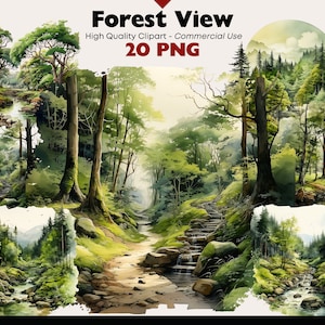 Fantasy Forest Clipart Bundle, Summer Woodland Watercolor, Forest View Printable, Woods Clip Art Digital Download, Magical Green Forest PNG