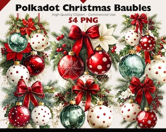 May include: A collection of Christmas baubles in various colors, including red, white, and green. Some baubles feature a polka dot pattern, while others have snowflake designs. The image includes text that reads "Polkadot Christmas Baubles" and "54 PNG".